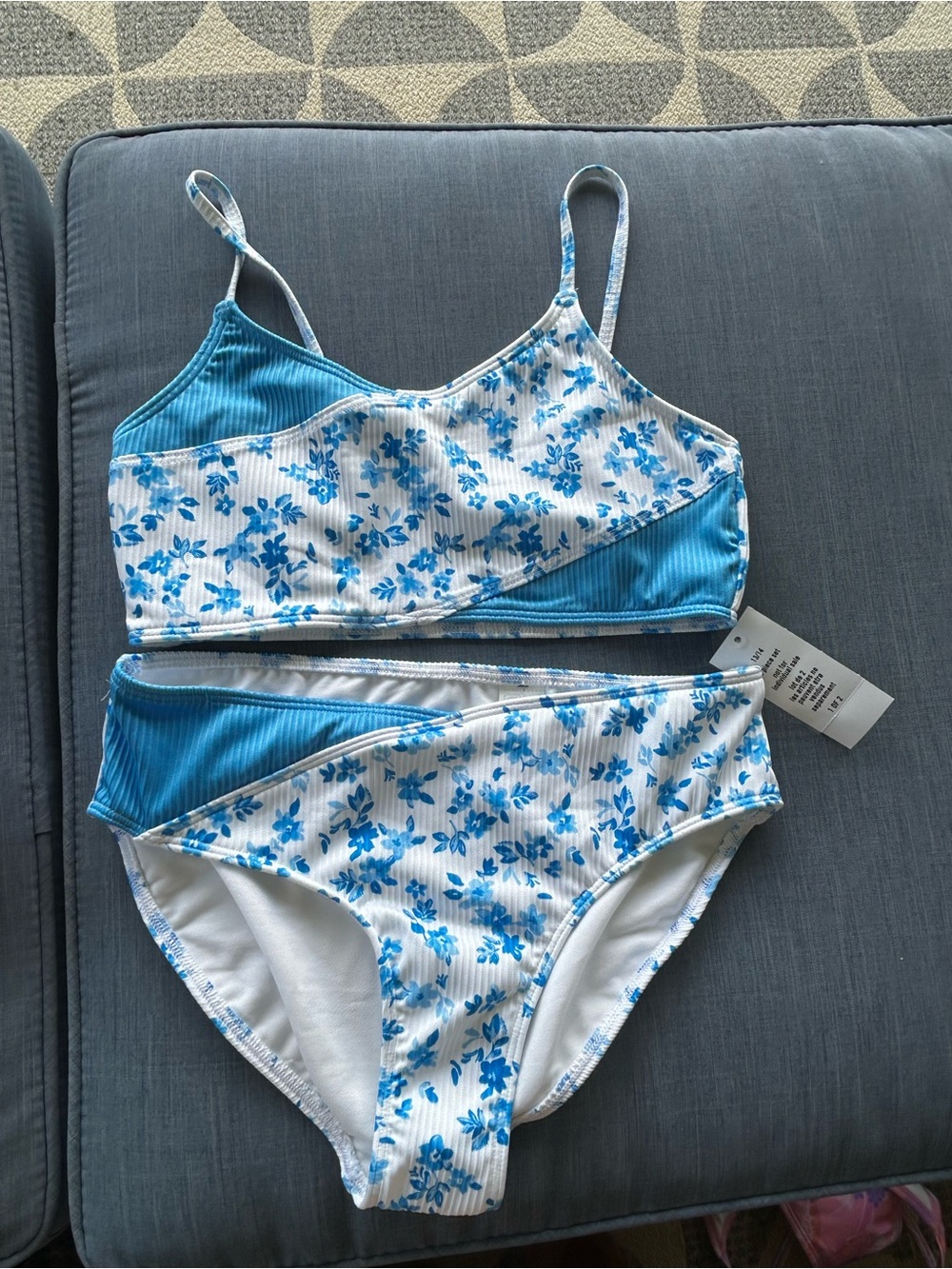 abercrombie kids-Blue and White Floral Ribbed Bikini Set